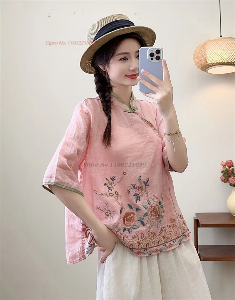 

2024 традиционная китайская винтажная блузка, Национальная Цветочная вышивка, 100% лен, дышащая блузка, ретро, воротник-стойка, фототкань
