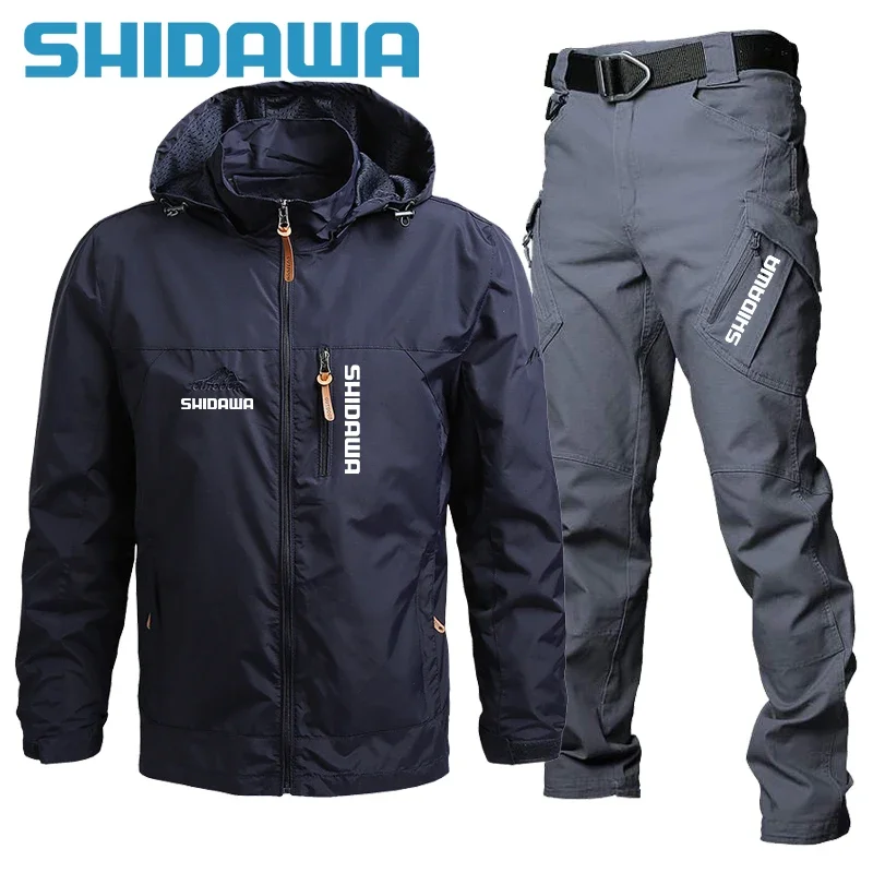 

Spring Autumn Men's Thin Tactical Fishing Suits Outdoor Waterproof Hooded Jacket Fishing Trousers Windproof Hiking Jacket+Pants