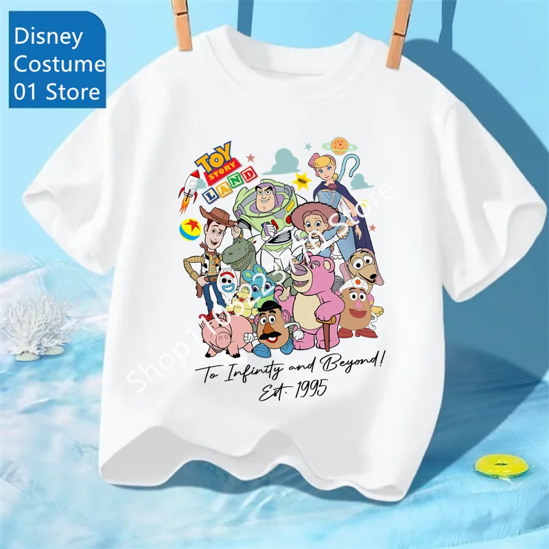 핫 디즈니 2026 베이비 남아 및 여아 반팔 티셔츠 토이 스토리 우디와 버즈 라이트이어 프린트 크루넥