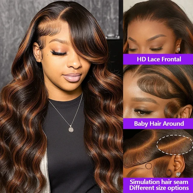 Perruque en cheveux humains P1B/30 Body Wave Highlight 30 34 pouces HD 13x6 Lace Front, couleur Omber Brown améliorée, perruque frontale 13x4 en dentelle vietnamienne pour femmes 6