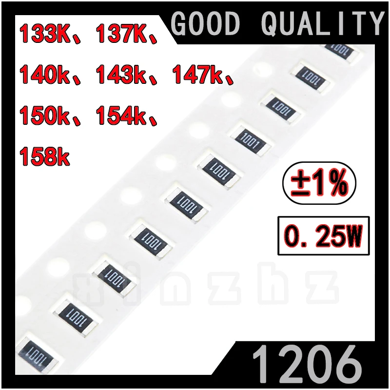 

100PCS SMD 1206 Chip Resistor 1% High Precision Chip 0.25W Fixed Resistance 133K 137K 140K 143K 147K 150K 154KΩ 158K ohm