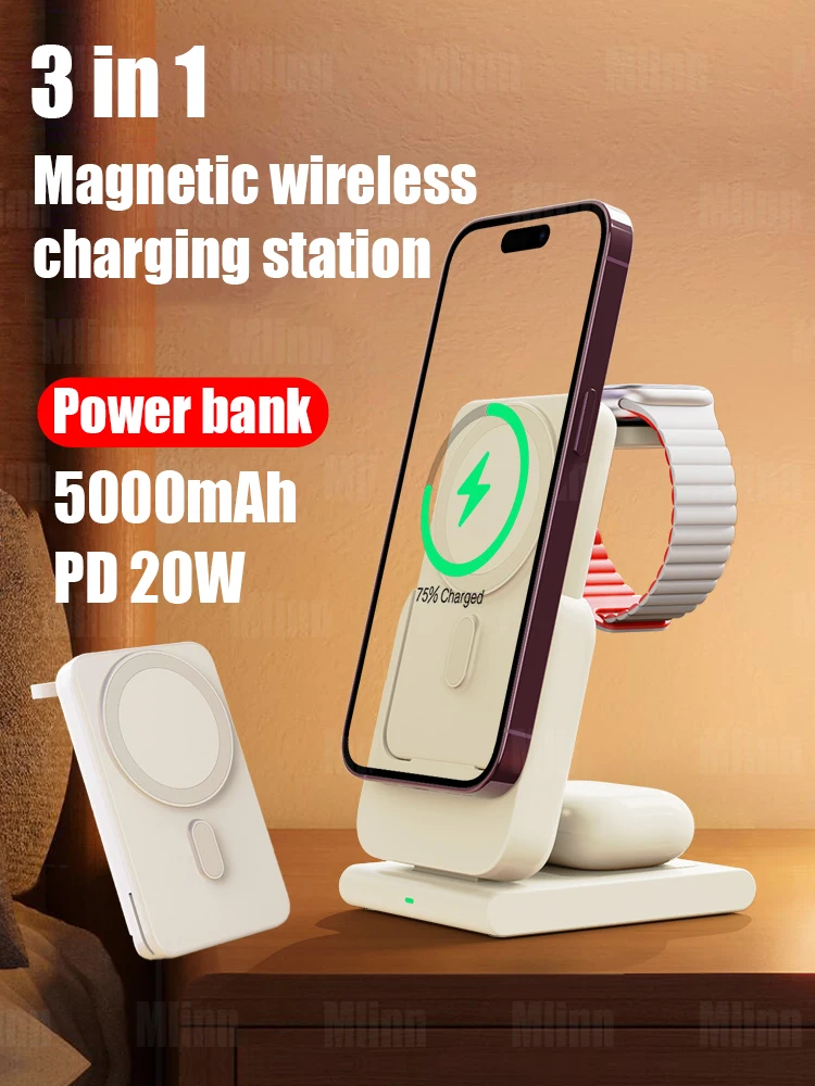 3 In 1 Magnetic Wireless Power Bank 15W Stazione Di Ricarica Rapida Magsafe Batteria Ausiliaria Esterna Per Iphone 14 13 12 Apple Watch