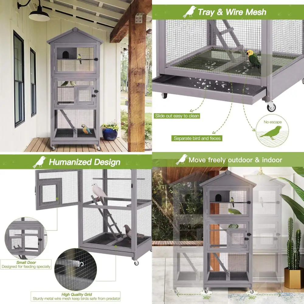 View of Large Wooden Aviary with Play Stand, Perches, Nest Habitat, and Wheeled ...
