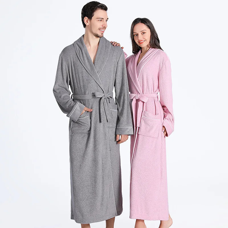 

Couple Robe Sleepwear Soft Terry Towel Kimono Bathrobe Gown Spring Autumn Long Nightgown Loungewear Casual Home Wear with Pocket