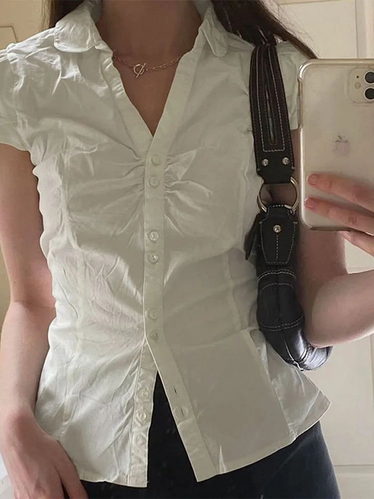 

White Tie Up T Shirt y2k Women Short Sleeve Turn Down Collar Button Crop Top Vintage Harajuku Korean Tee Summer Casual