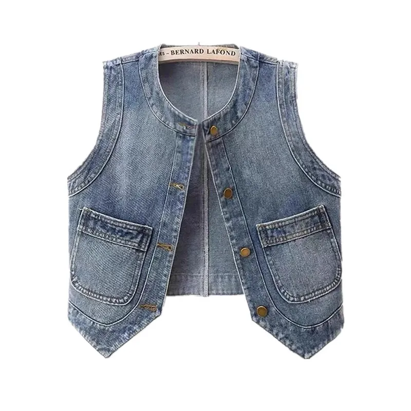 

autumn new Vintage Denim Vest Women O Neck Pocket Slim Short Jeans Waistcoat Sleeveless Jacket Casual Cowboy Coat Female T179