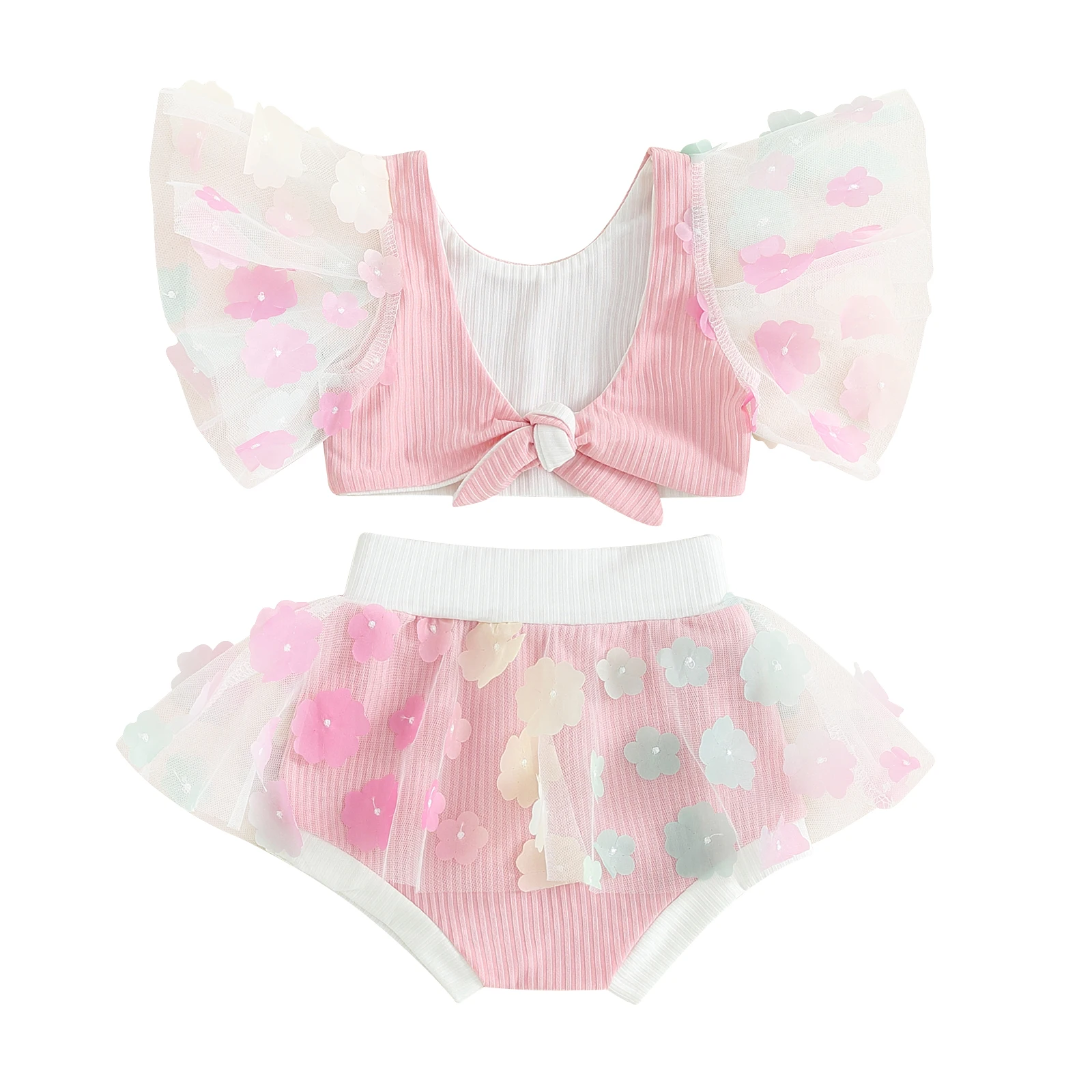 Toddler Baby Girl's Summer 2PCS Swimsuits Cute Mesh Flower Fly Sleeve Knotted Vest and Bikini Shorts Infants Girls Beachwear