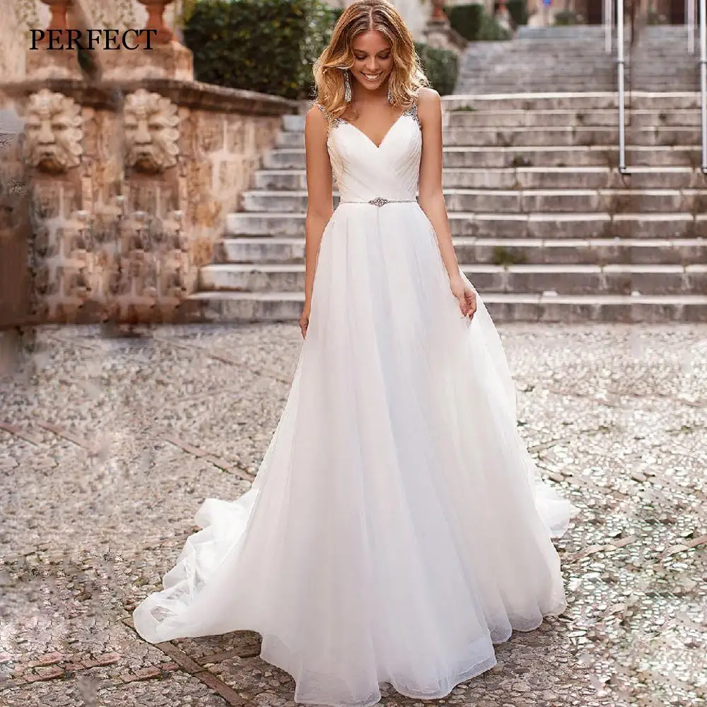 

PERFECT Modern Spaghetti Straps Wedding Dresses Backless Sleeveless A-Line Bridal Gowns Crystals Custom Made Robe De Mariee