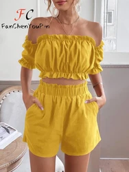 New 2024 Women's Short Sets Summer Sexy Pleated Off Shoulder  Short Sleeve Tops Casual Elastic Waist Vintage Short 2 Piece Suits