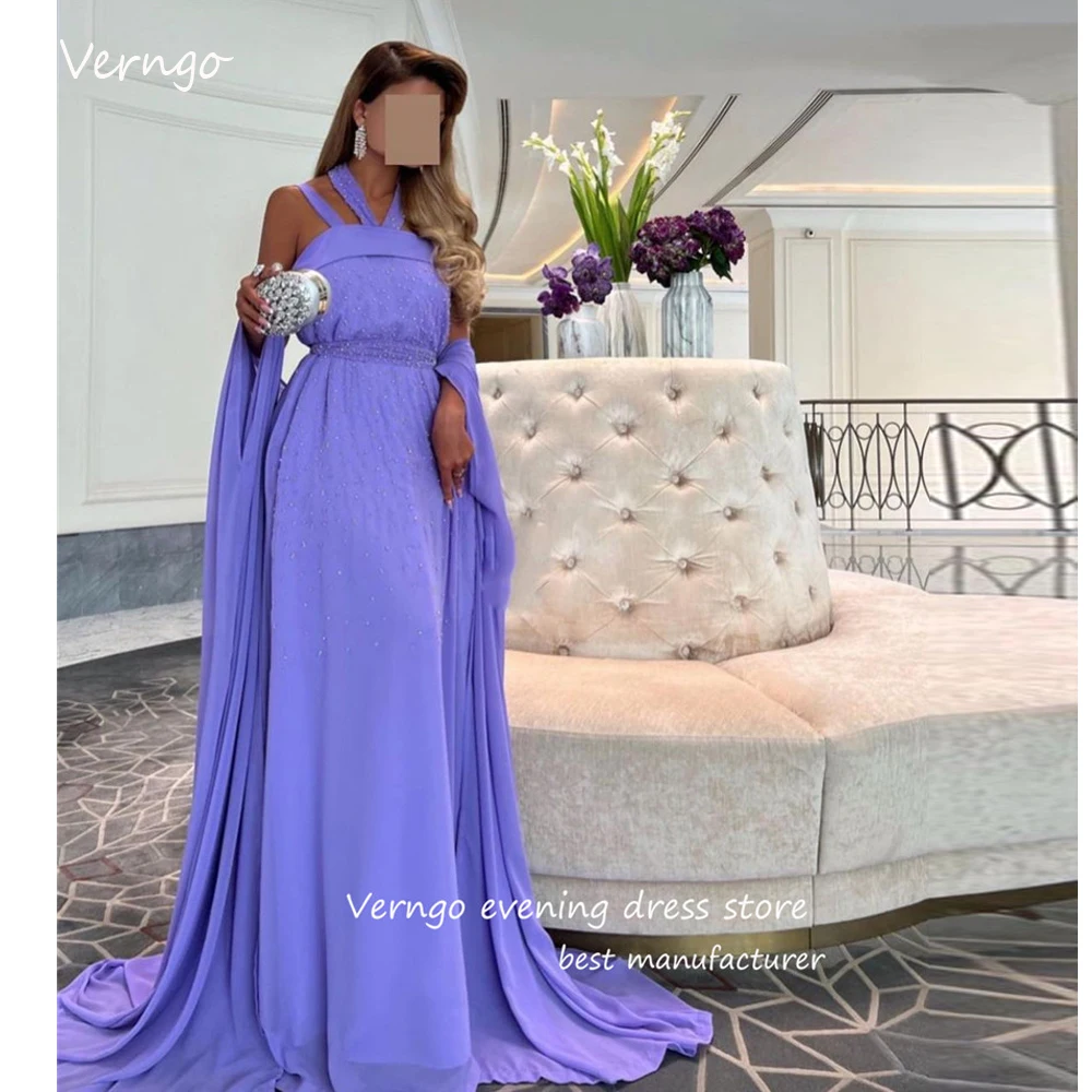 

Verngo Elegant Purple Chiffon Saudi Arabic Evening Dresses Beads Cape Sleeves Dubai Women Formal Party Dress Prom Occasion Gown