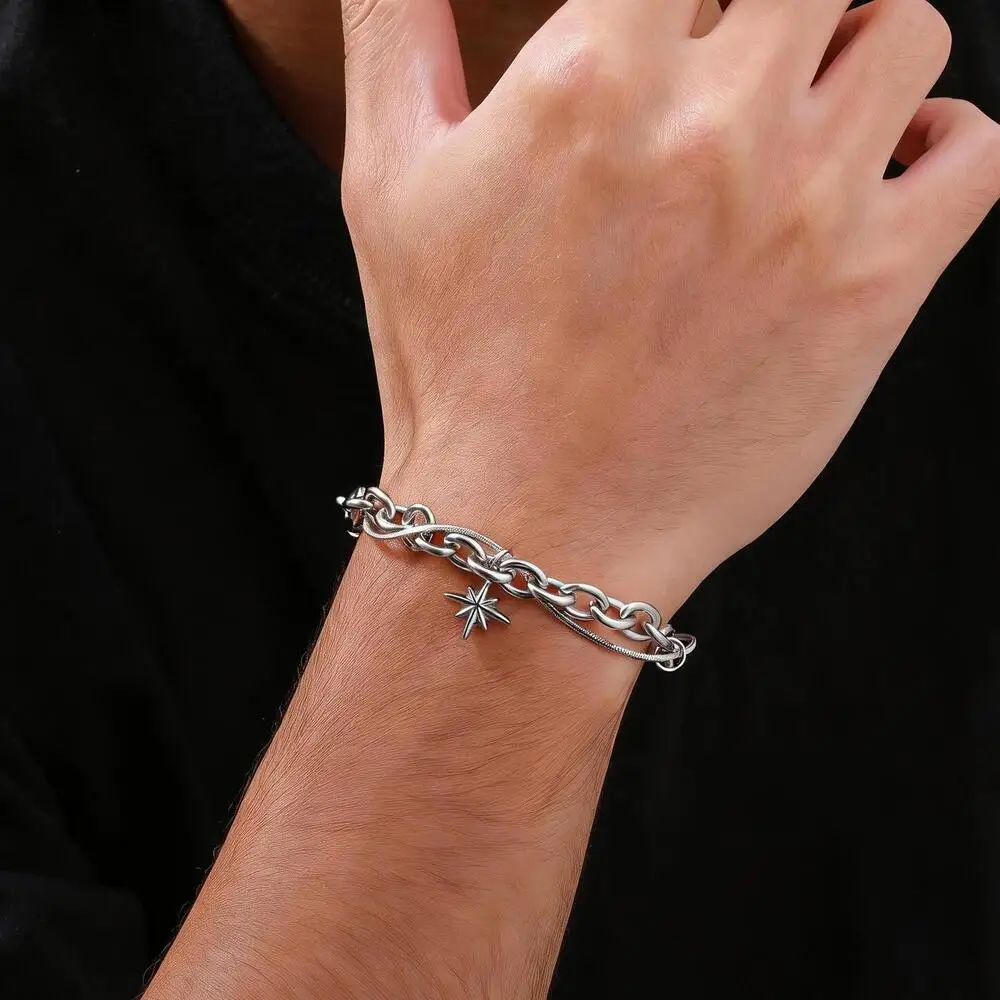 Hiphop Vierpunkt-Stern-Kettenarmband für Männer, Zweischichtiges Edelstahl Verstellbares Gliederarmband Geschenk