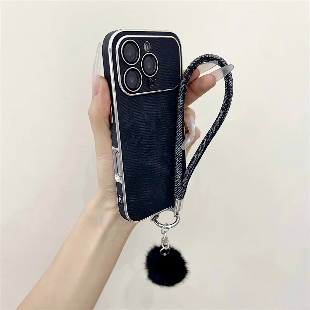 Luxury Jeans Denim Phone Case with Lanyard Wrist Strap and Matte Back Cover