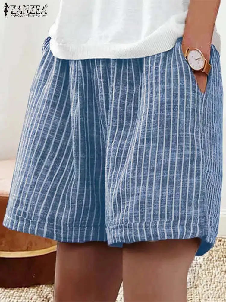 

ZANZEA Summer Beach Shorts Vintage Elastic Waist Loose Pantalon Wide Leg Pants Holiday Trousers Fashion Stripe Women's Shorts