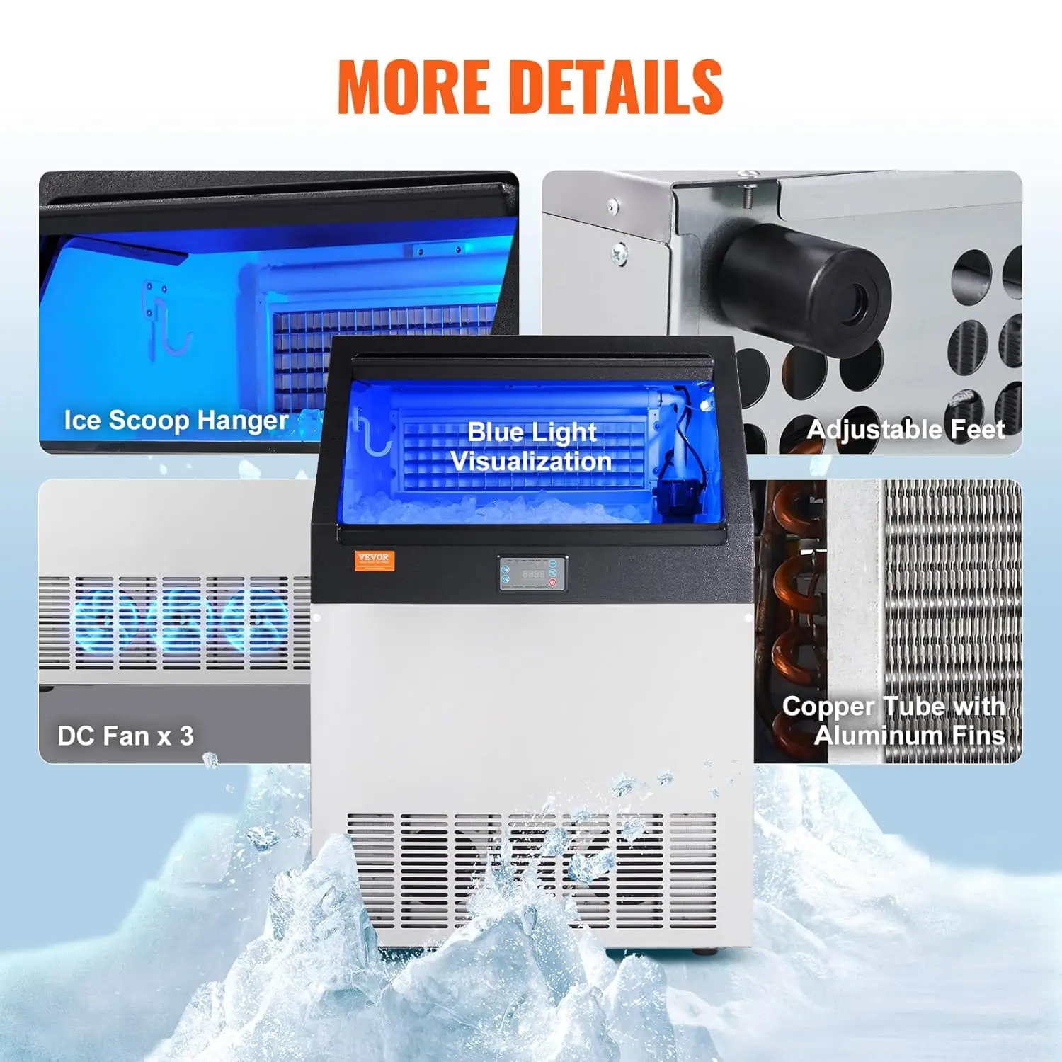 Commercial Ice Maker Machine 200LBS/24H, 710W Stainless Steel Ice Machine with 55LBS Storage Capacity, 90 Ice Cubes Ready 5
