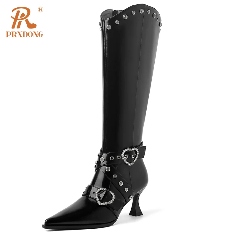 

PRXDONG 2023 New Brand Genuine Leather Shoes Woman Knee High Boots High Heels Pointed toe Rivets Black Beige Autumn Winter SHoes