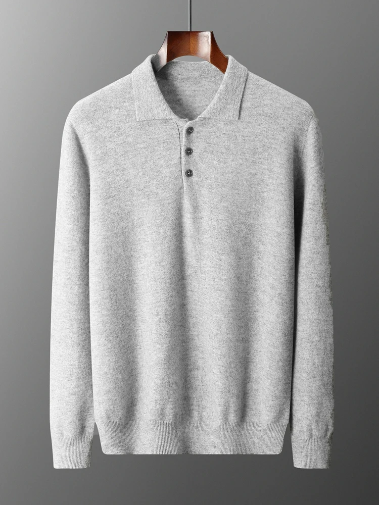 Luxury Men Cashmere Sweater 100% Merino Wool Buttoned Pullover Autumn Winter Polo Collar Knitwear Male Casual Warm Jumper Tops 2