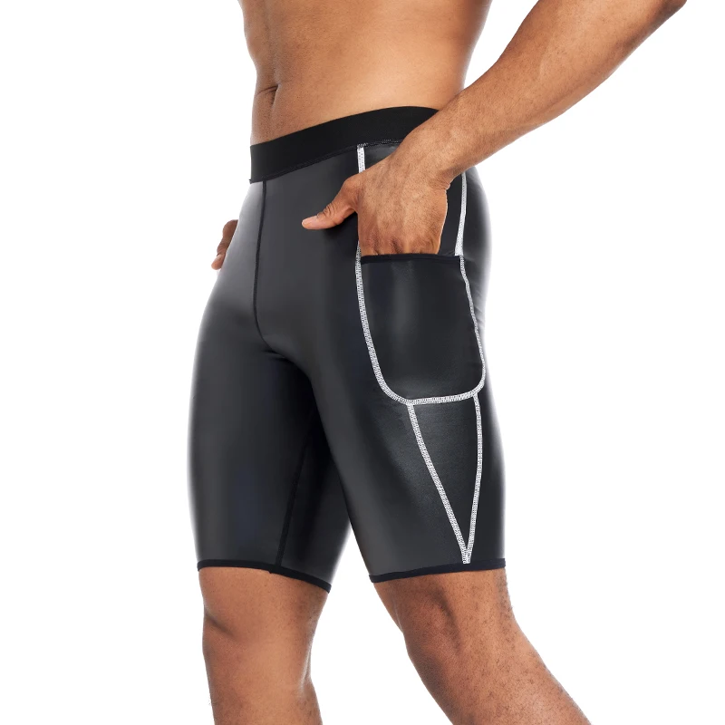 Men Fashion White Splicing Pocket Leather Pants Body Shaper Waist Trainer High Waist Control Panties Fitness Leather 5pts Shorts