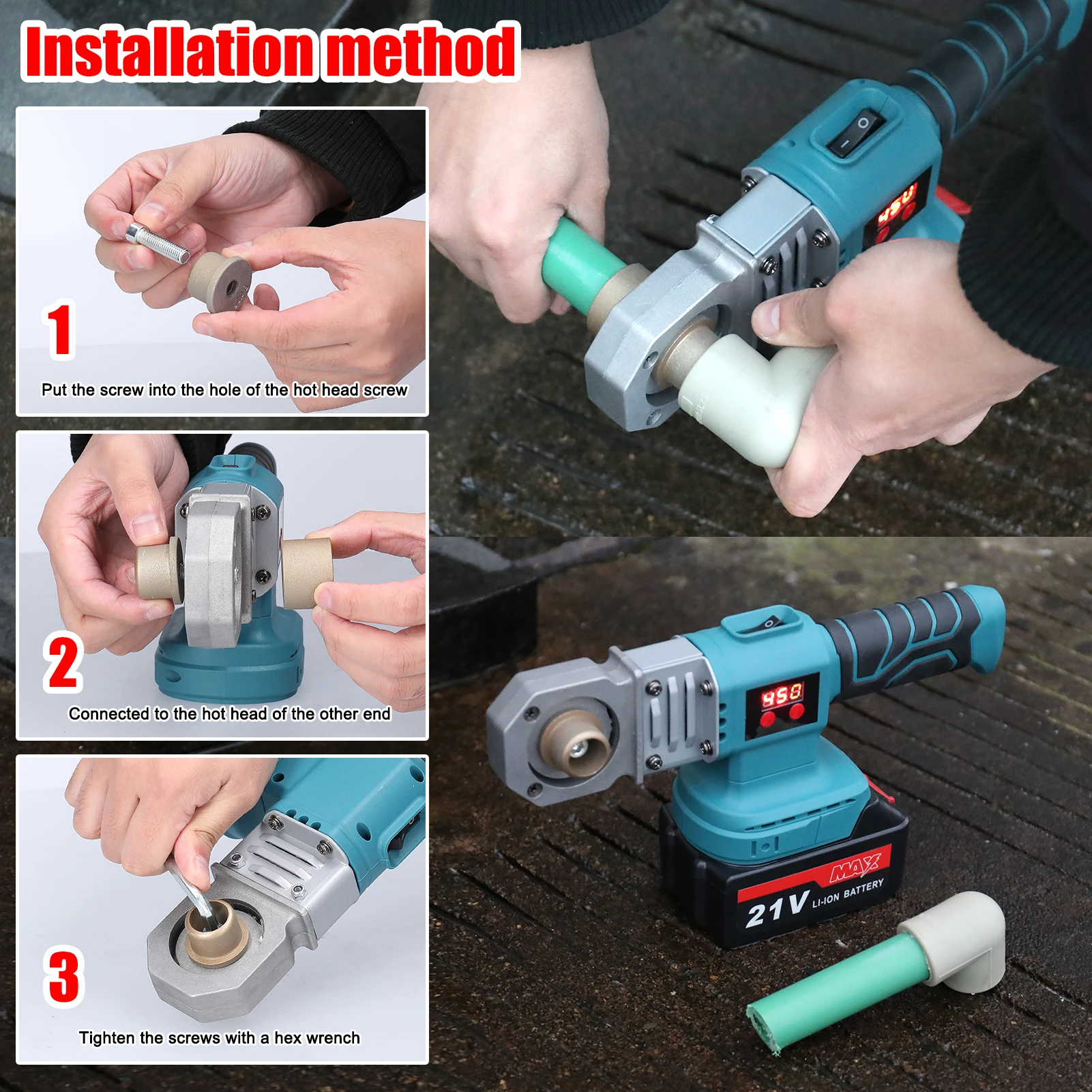 21V Lithium Power Water Pipes Melting Device 350-450W Household PPR Welding Machine with 20mm 25mm 32mm Replacement Heads 5