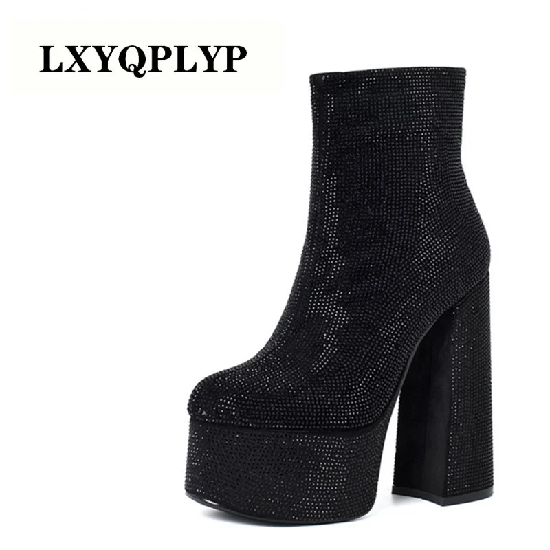 

Genuine Leather Rhinestone Platform Ankle Bootswoman Shoes High Heels Sexy Super High Heel Round Toe Zip Boots Black Silvery