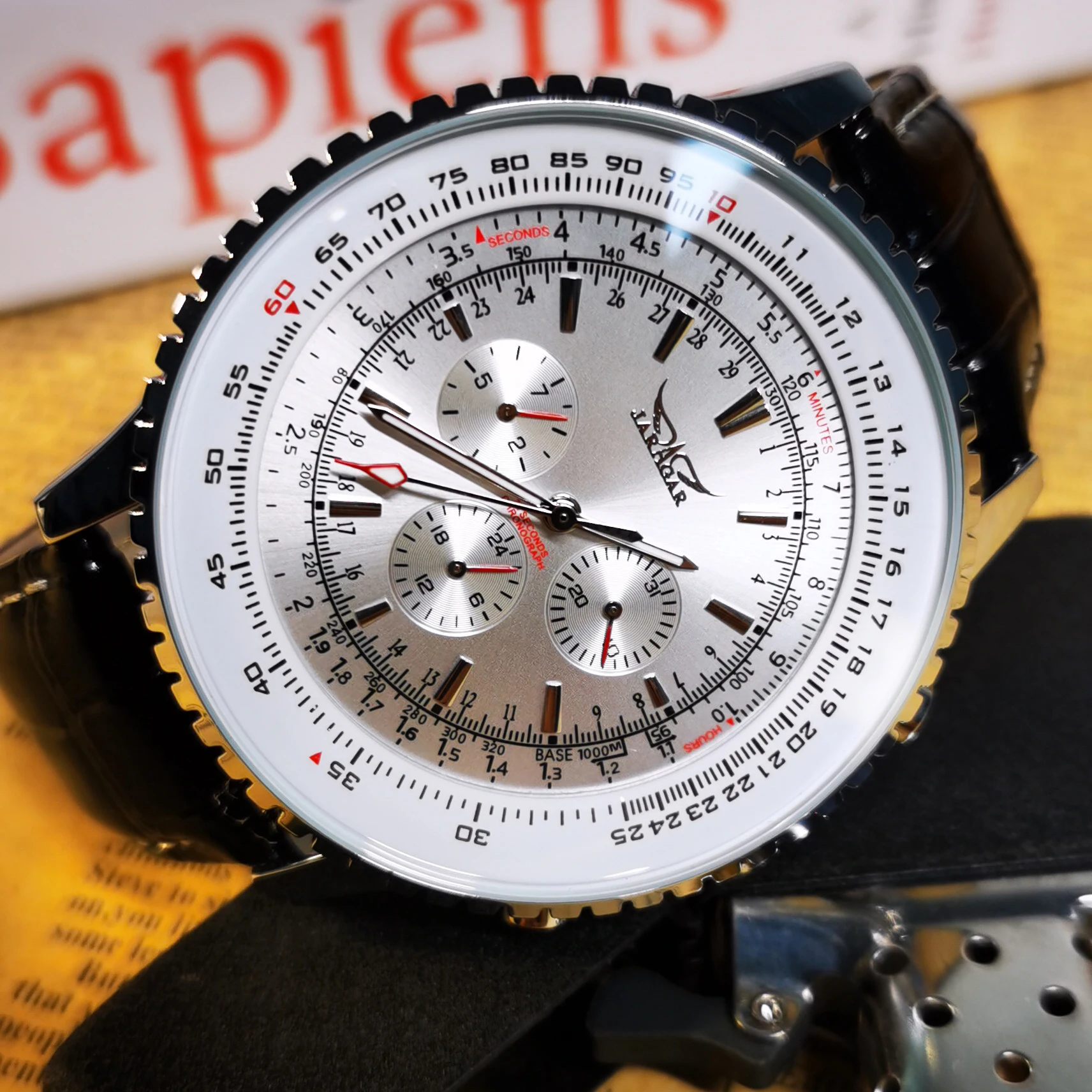 Luxury JARAGAR Pilot Automatic Men's Watch with Multifunction Sub-Dials and Leather Strap