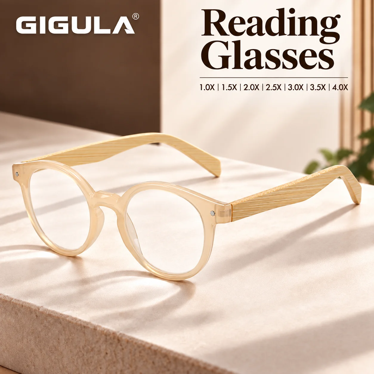 Elegant Transparent Green Frame Reading Glasses with Wooden Texture Temple and Blue Light Filter