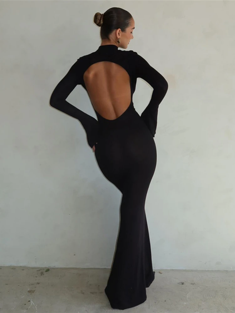 

XIZOU Backless Sexy Maxi Dress Women's Long Sleeve Bodycon Black Autumn Dress Elegant Party Evening Dresses for Women 2023
