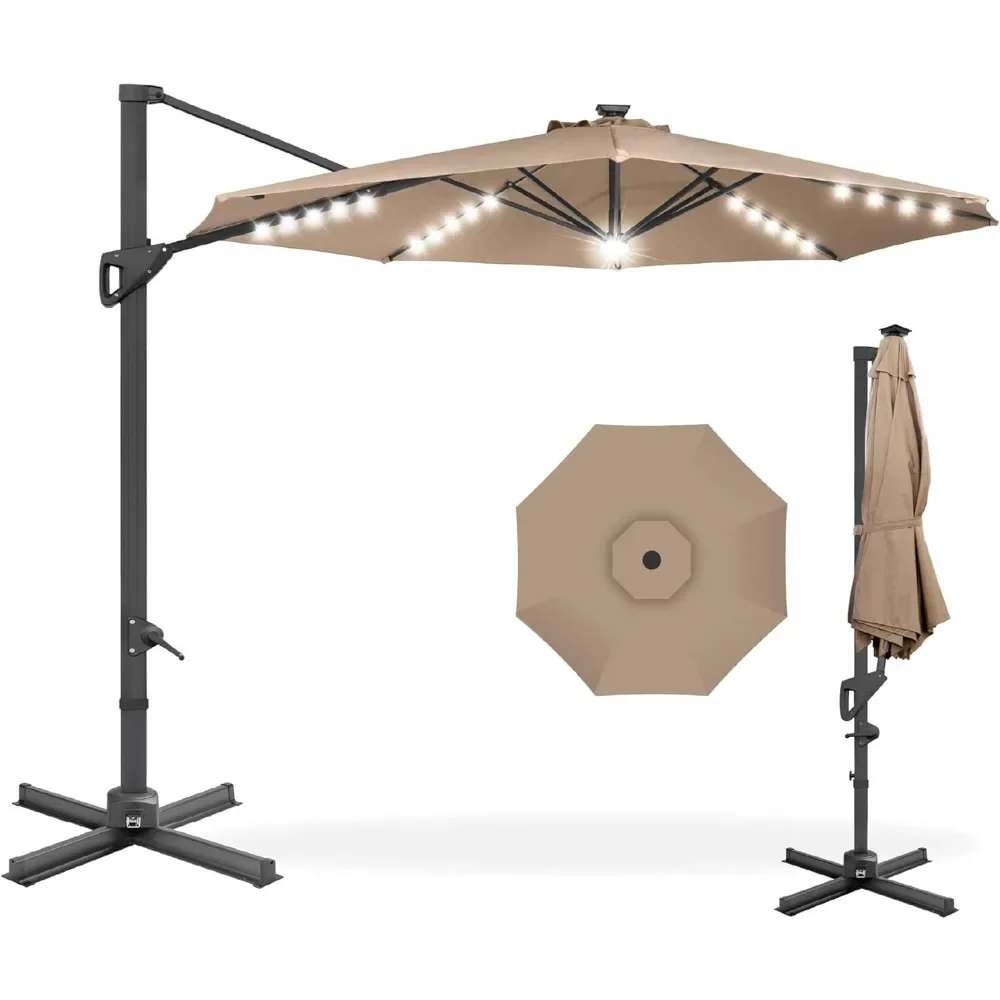 LED 10 Ft Solar Cantilever Patio Umbrella 360-Degree Rotation Hanging Offset Market Outdoor Sun Shade for Backyard Poolside