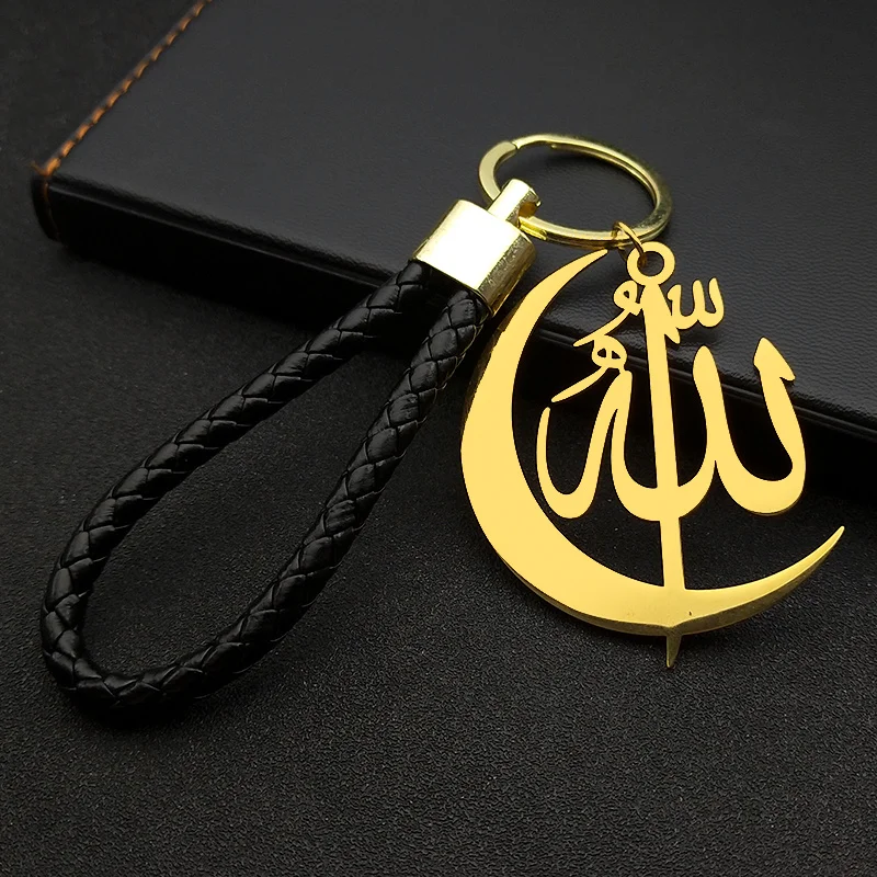 Arabisch Islamischer Muslim Allah Halbmond Edelstahl Schlüsselanhänger für Frauen Männer Gold Farbe PU Leder Schlüsselanhänger SchmuckZZ769 – Detail 4