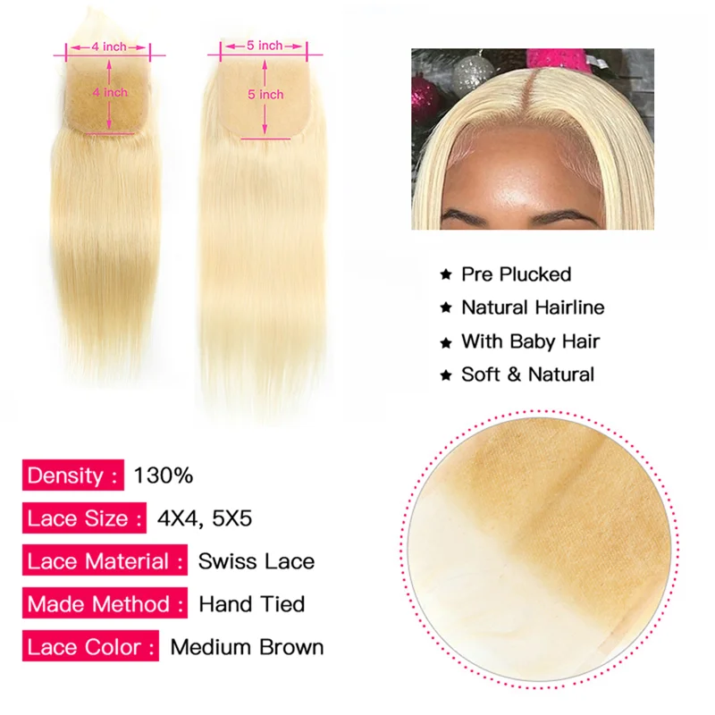 Chiusura in pizzo marrone chiaro con capelli del bambino 100% capelli umani biondi indiani 613 4x4 5x5 chiusure in pizzo frontali solo per donne nere - immagine 3
