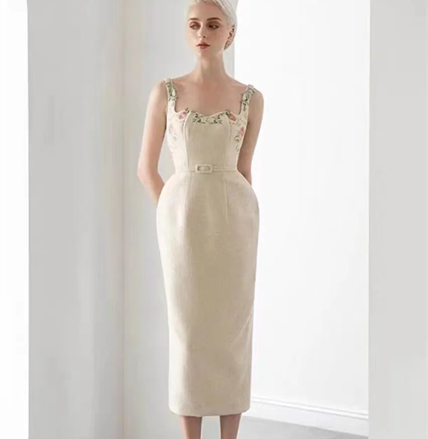 sachin and babi light blue dress Runway Autumu Spaghetti Strap Bodycon Long Dress Sexy Women's Square Collar  Embroidery Flower Sleeveless Tank Party Belt Dresses