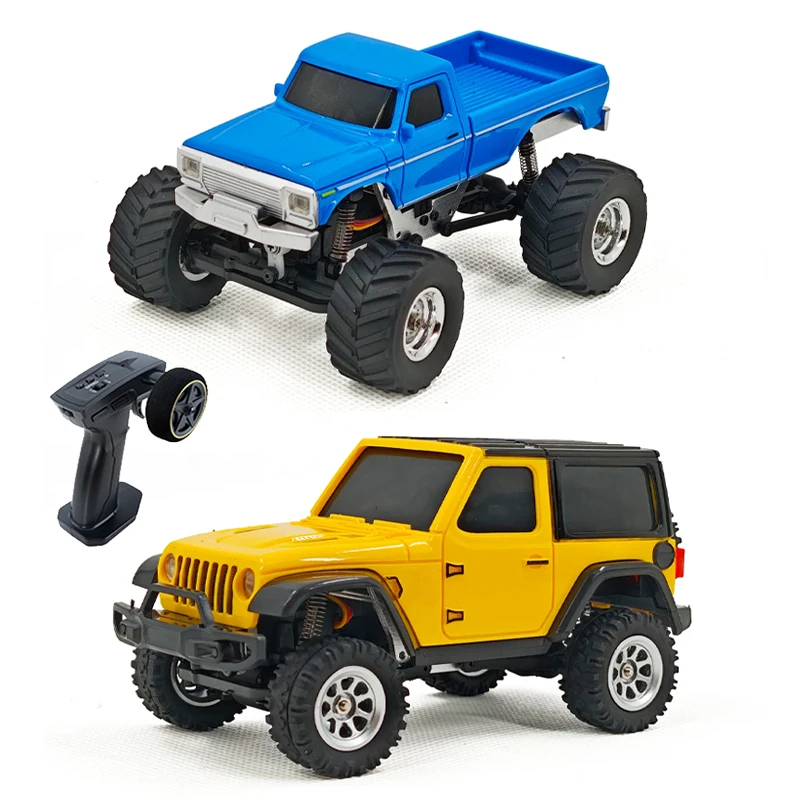 Crawler Buggy RC 4WD Tout Terrain jaune vue de côté, montrant ses grosses roues et sa suspension.