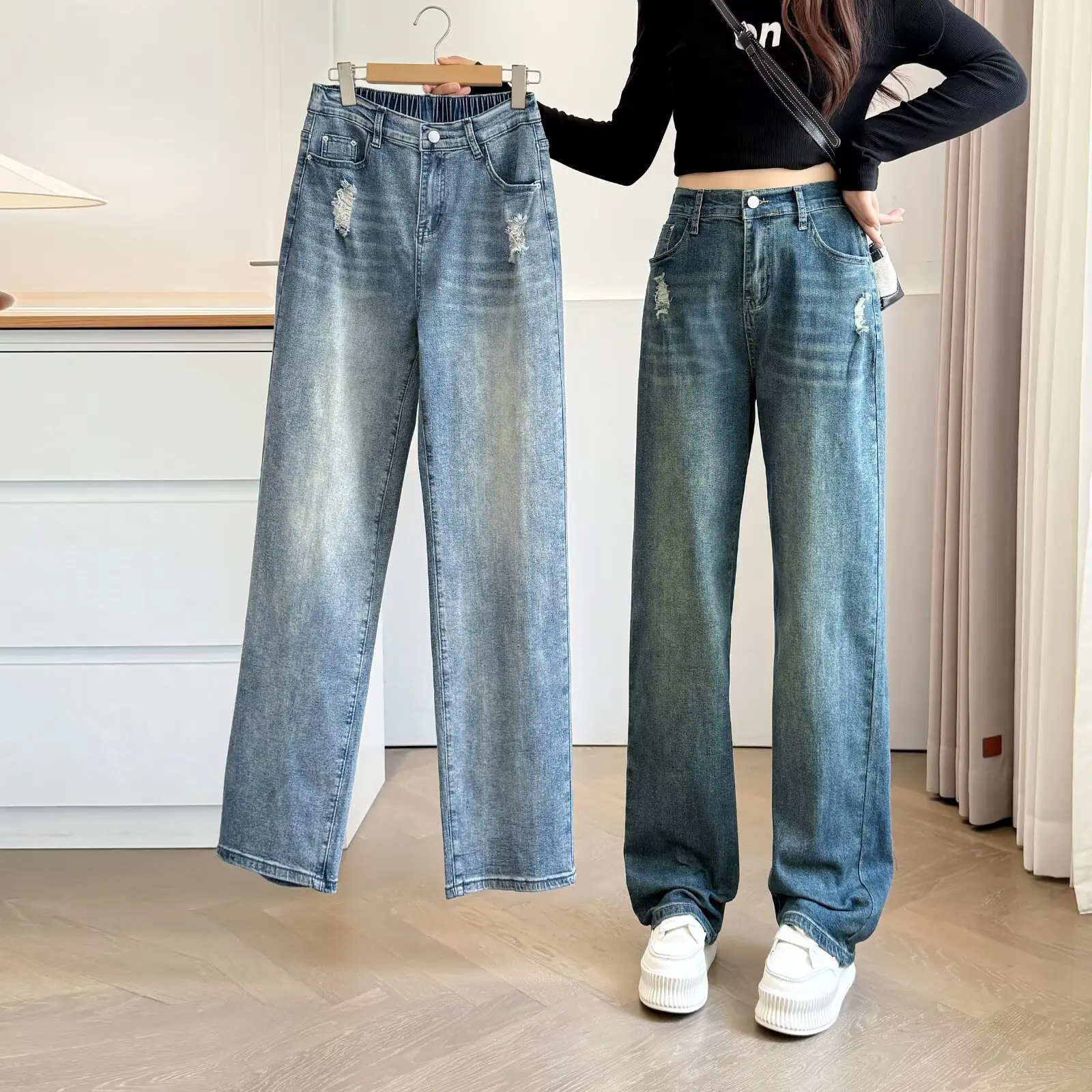 XXXXL Fashion Plus Size Women's Jeans New Autumn Straight Leg Pants With Holes And Casual Washed Denim Full Length Trousers 2570