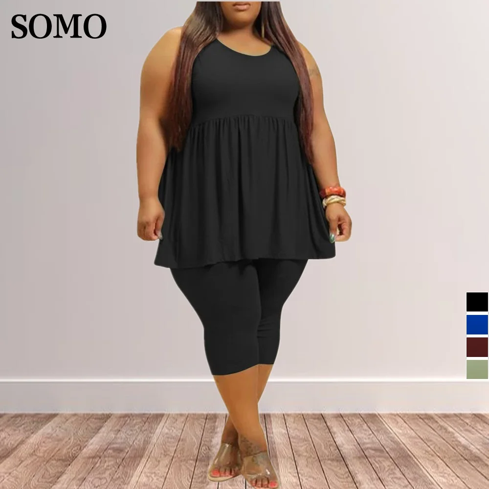 

Plus Size Women Clothing 2022 Two Piece Short Set Solid Color Sweatsuit Sportswear Sleeveless Outfits Wholesale Dropshipping