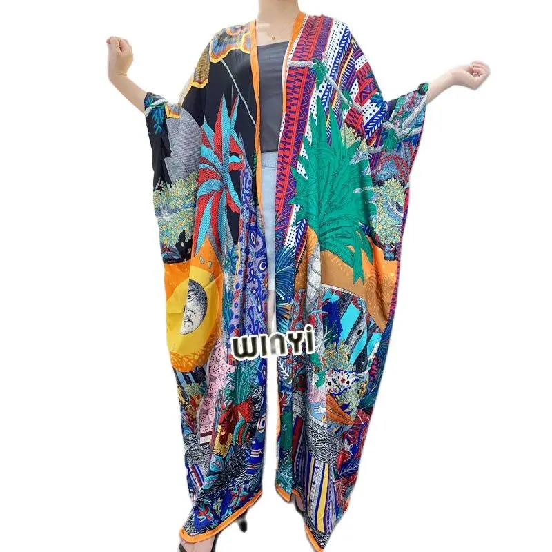 XIZEO  Summer Women Cardigan stitch Cocktail sexy Boho Maxi African Holiday Batwing Sleeve Silk feeling Robe kimono kaftan
