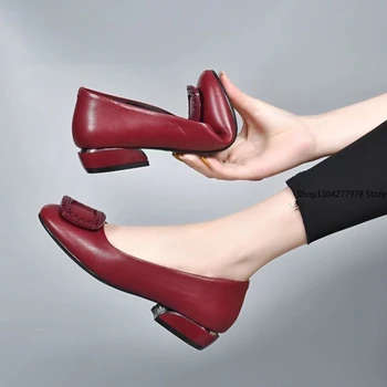 Soft Pu Leather 2025 Women's Low Heel Shoes Shallow Mouth All-match Comfortable Pumps Thick Heels Ladies Work Small Leather Shoe