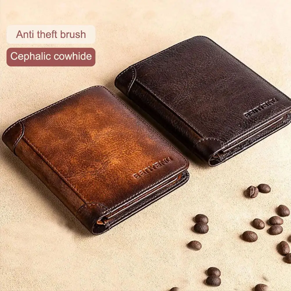 

Men Wallet Genuine Leather Rfid Blocking Trifold Wallet Multi Thin Card Vintage Function Male Purse Short Holder Credit Id B0k3