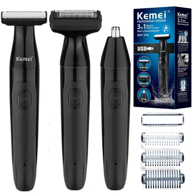 Kemei Washable Design 3 In 1 Men Personal Groomer Set Dry and Wet USB Charging Waterproof 3 In 1 Mens Shaver KM-114 kemei km 1941 usb charging lcd display electric shaver level 6 waterproof mens face shaver triple rotating electric shaver