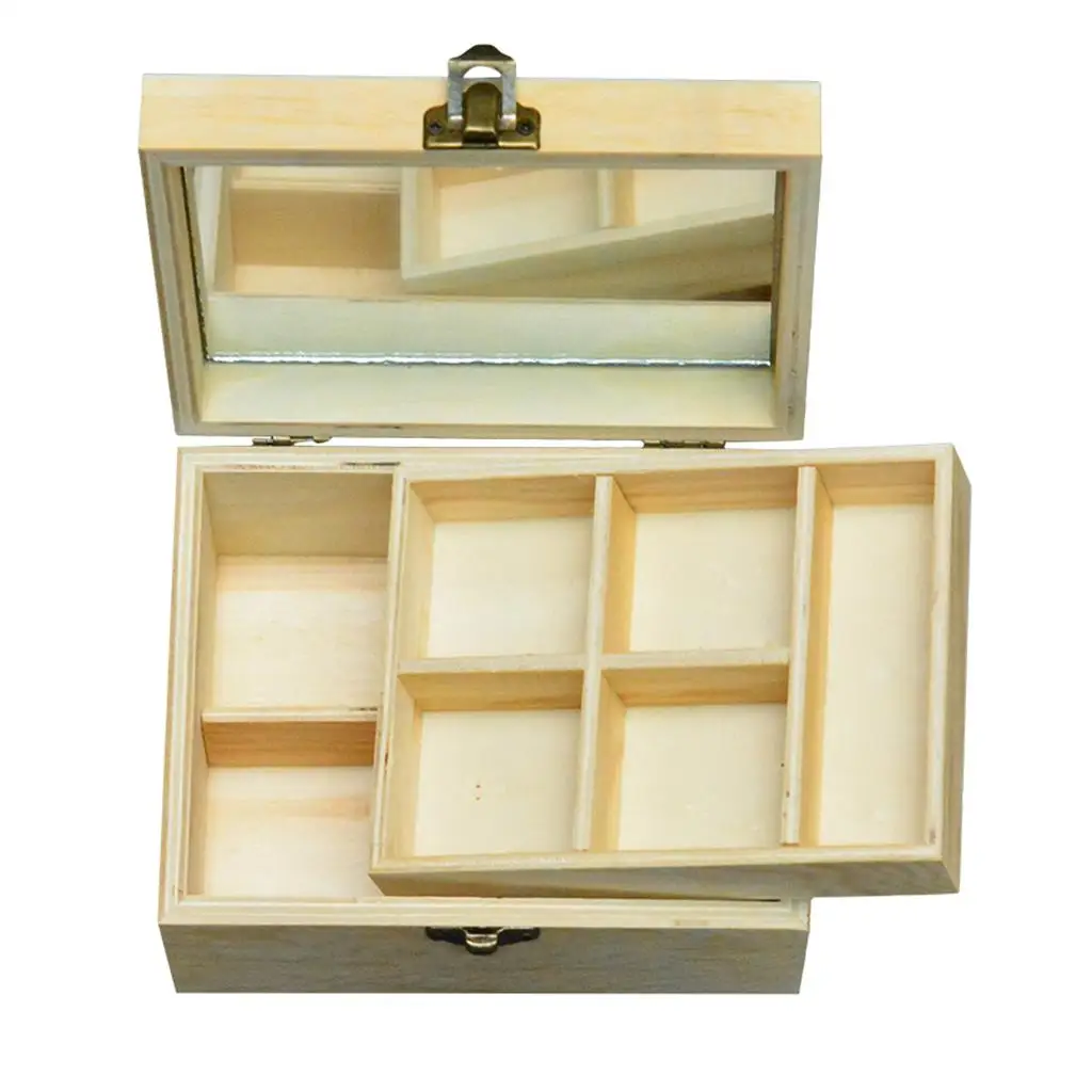 Natural Plain Wood Jewelry Box Unfinished Wooden DIY Craft Gadgets Gift Jewelry Decoupage Storage Organizer Boxes with Mirror