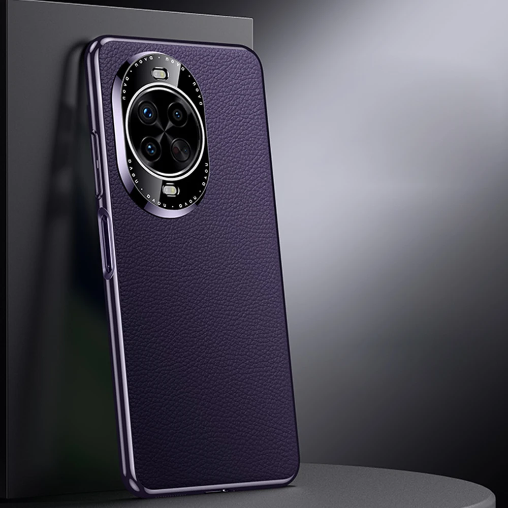 Premium Genuine Leather Plating Lichee Pattern Shockproof Hard Case Cover