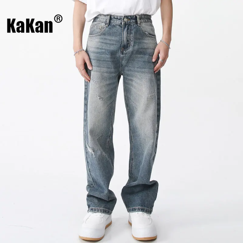 Kakan - New Straight Tube Casual Korean Version Jeans with Loose and Worn Out Design, Popular Youth Long Jeans K50-471