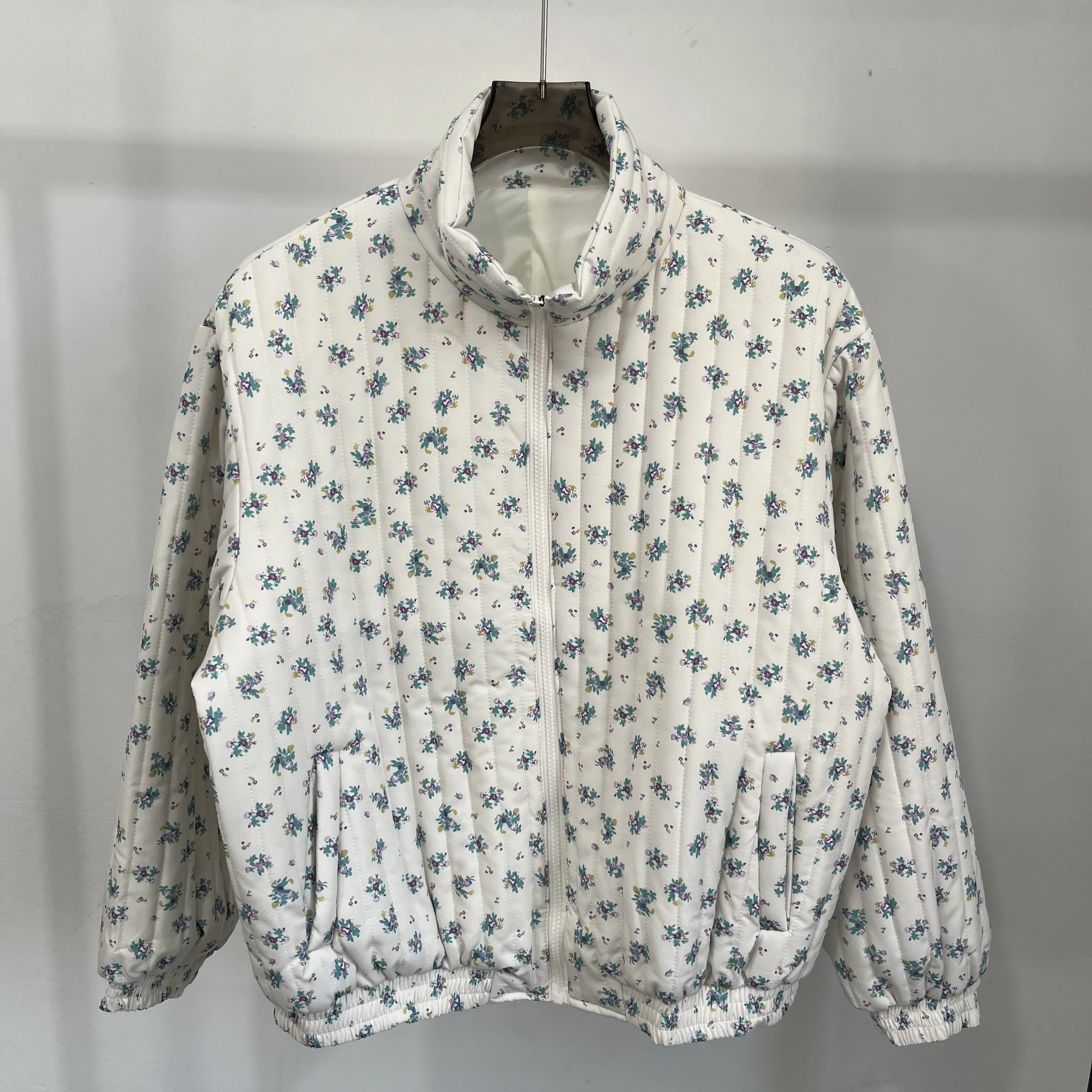 

Taop&Za Women's 2024 Autumn New Solid Color Commuting Versatile Floral Stand Collar Long Sleeve Quilted Cotton Jacket