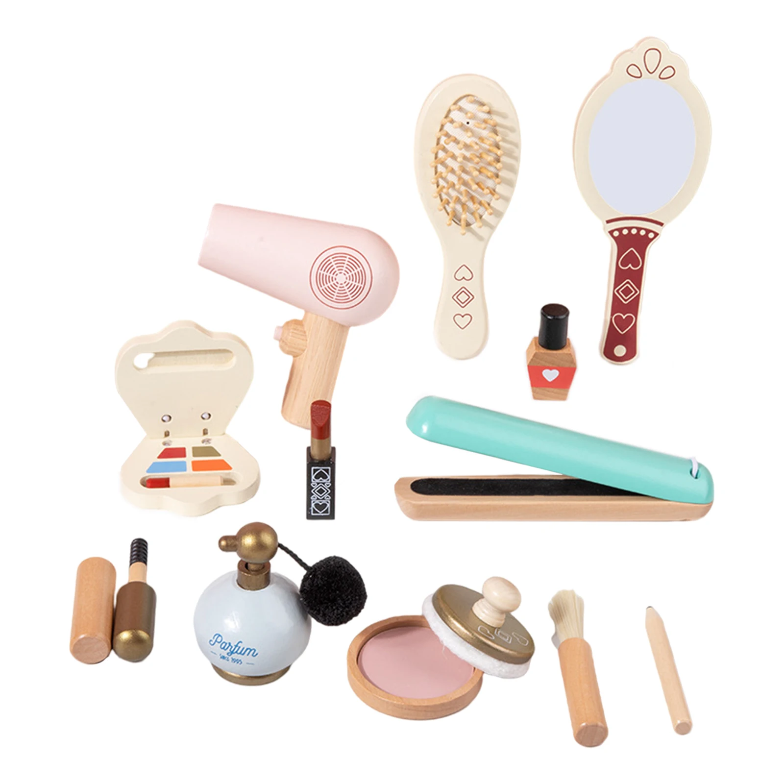 12Pcs/Set Wooden Kids Makeup Kit Role Play Hair Comb Brush Mirror Mascara Gifts Toy Makeup Set with Cosmetic Bag Girls Dressing