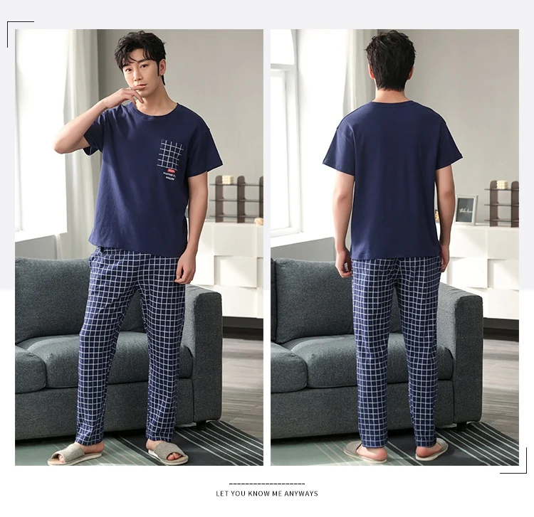 2022 Spring Plus Size Short Sleeve Long Pants Cotton Pajama Sets for Men Korean Sleepwear Suit Pyjama Male Homewear Home Clothes mens christmas pjs