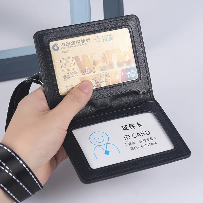 새로운 암소 가죽 더블 카드 슬리브 ID 카드 홀더 배지 케이스 클리어 은행 신용 카드 클립 배지 홀더 액세서리