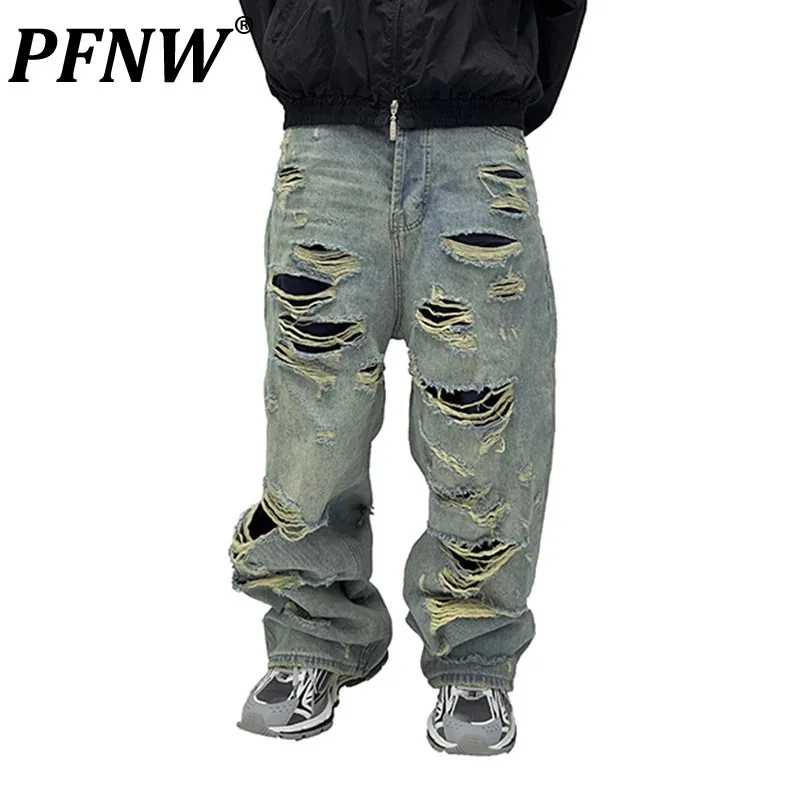 

PFNW Sping Autumn New Men's Trendy Worn Out Tide Denim Pants Fashion Tassels Loose Wide Leg Wear Streetwear Chic Jeans 12A8126