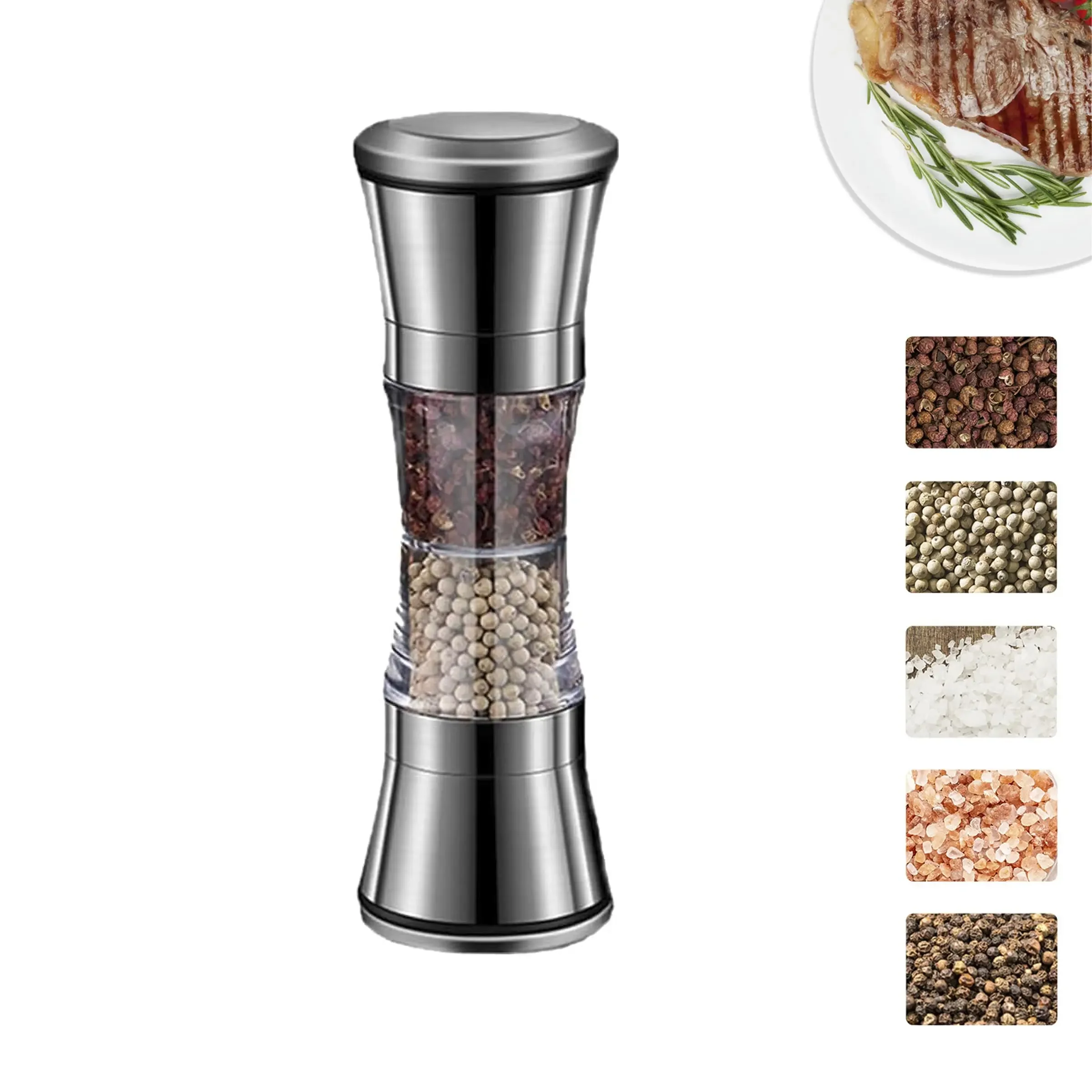 Salt and Pepper Grinder 2-in-1 Adjustable Pepper Salt Grinder Rustproof Stainless Steel Manual Mill Double Heads Coarseness Control