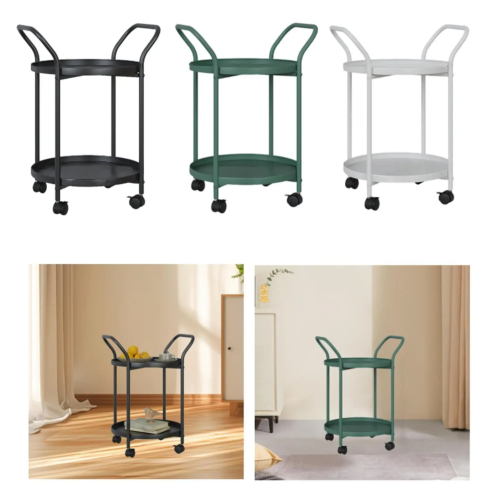 Coffee Table with Wheels Rolling Cart Metal Nordic Serving Trolley 2 Tier Round Side Table for Bathroom Garage Laundry Room