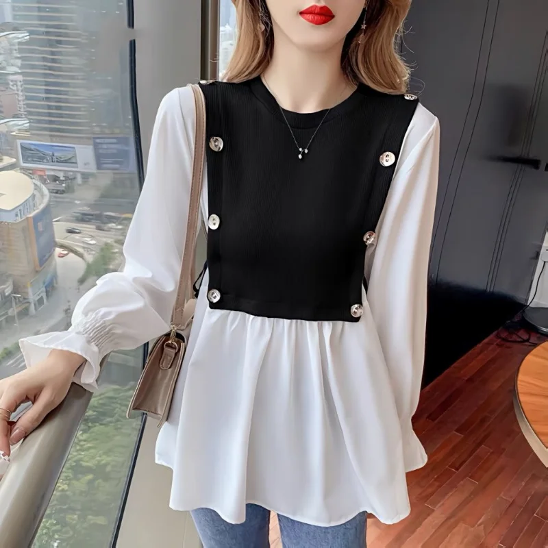 Spring and Autumn 2023 New Korean Edition Fake Two Piece Fashion Comfortable Office Lady O-neck Long Sleeves Leisure Shirts 1 pair detachable fake sleeves spring autumn wild sweater decorative sleeves lace ruffles elbow sleeve cuff universal fake cuff