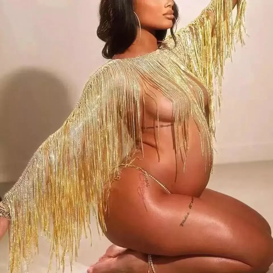 

Maternity Dresses Photography Props Sexy Bodies Bikinis Long Tassel Underwear Aesthetic Shoulder Rhinestone Bra Rave For Woman