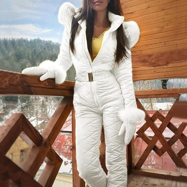  Mono de esquí de invierno para mujer, traje de nieve para  deportes al aire libre, abrigo de lana sintética, abrigo con capucha,  chaquetas de esquí y pantalones (blanco, L) : Ropa